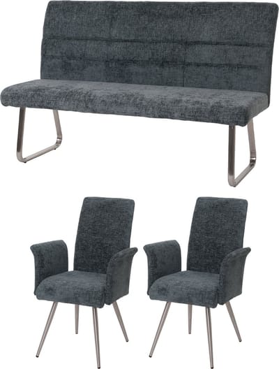 Eetkamerset MCW-G55, set van 2 stoelen met armleuningen + bank 160cm, geborsteld roestvrij staal stof/textiel chenille ~ blauwgroen