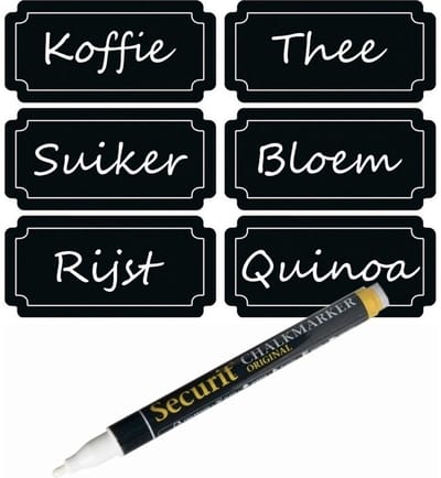 6x Voorraadkast/keuken krijtbord etiketten met witte krijtstift - Schoolbordverf labels/stickers - Voorraadkast organiseren