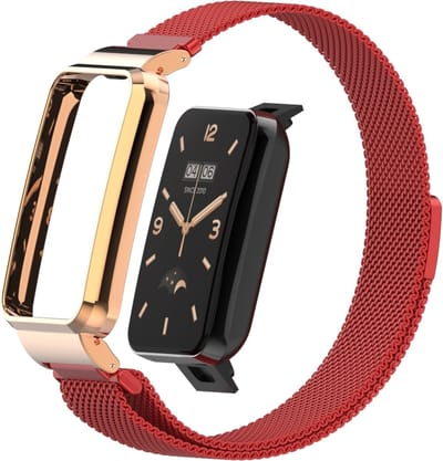 By Qubix - Milanese loop bandje met case - Rood - Geschikt voor Xiaomi Smart Band 7 Pro / Mi Band 7 Pro bandje