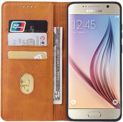 Smartphonica Samsung Galaxy S6 leren hoesje met magnetische sluiting en pashouders book case – Bruin geschikt voor Samsung Galaxy S6