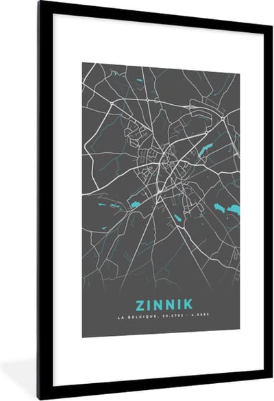 Fotolijst incl. Poster - België – Zinnik – Stadskaart – Kaart – Blauw – Plattegrond - 80x120 cm - Posterlijst