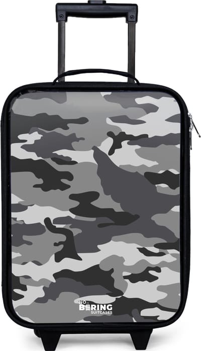 NoBoringSuitcases.com® - Kinderkoffer jongen - Kindertrolley meisje - Camogrijs - Koffer kind lichtgewicht - Reiskoffer trolley voor kinderen - Koffertje met lichtgevende wieltjes - Rolkoffer zwart