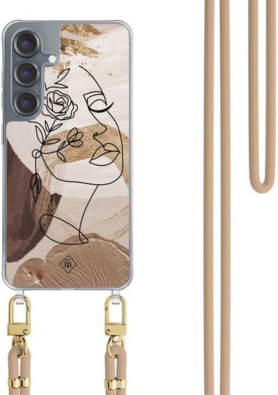 Casimoda® hoesje met koord - Geschikt voor Samsung S25 - Abstract Gezicht Bruin - Afneembaar koord - TPU/polycarbonaat - Bruin/beige