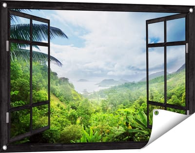 Gards Tuinposter Doorkijk Jungle Uitzicht op de Seychellen - 90x60 cm - Tuindoek - Tuindecoratie - Wanddecoratie buiten - Tuinschilderij