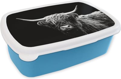 Broodtrommel Blauw - Lunchbox - Brooddoos - Schotse Hooglander - Koe - Zwart - Wit - Dieren - 18x12x6 cm - Kinderen - Jongen