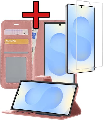 Hoesje - Met Screenprotector - Geschikt voor Samsung Galaxy S25 Ultra - Luxe Pasjeshouder - Flipcase - Bookcase Portemonee - Flip Case - Kunstleer Book Case - Book Cover - Walletcase - Portemonneehoes - Telefoonhoes - Rosé goud