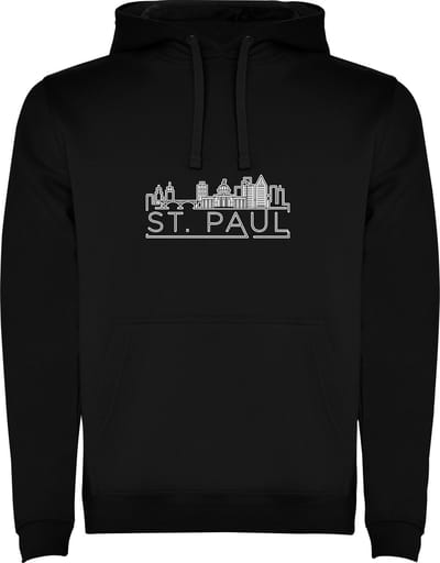 Zwarte unisex hoodie met “ Skyline St. Paul – Vakantiegevoel – Strak – Modern “ Print Full Color Color merk Roly maat S