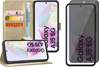 Hoesje geschikt voor Samsung Galaxy A35 - Privacy Screenprotector Volledig Dekkend Glas - Portemonnee Book Case Goud
