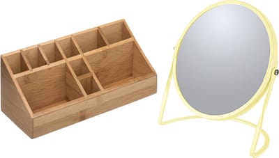 5Five Make-up organizer en spiegel set - 10x vakjes - bamboe/metaal - 5x zoom spiegel - geel/zilver