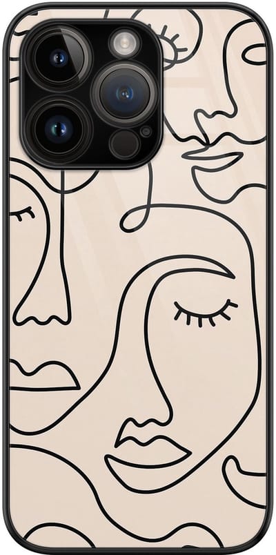 Hoesje geschikt voor iPhone 14 Pro - Abstract gezicht lijnen - Luxe Glazen Hardcase - Hippe print - Beige - Leuke Telefoonhoesjes