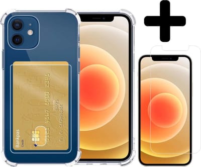 Hoesje - Geschikt voor Apple iPhone 12 Mini - Met Screenprotector - En Pashouder - En Kaarthouder - Telefoon Hoes Shockproof - Siliconen Case - Back Cover - Shock Proof - Pasjes Houder - Telefoonhoesjes - Transparant