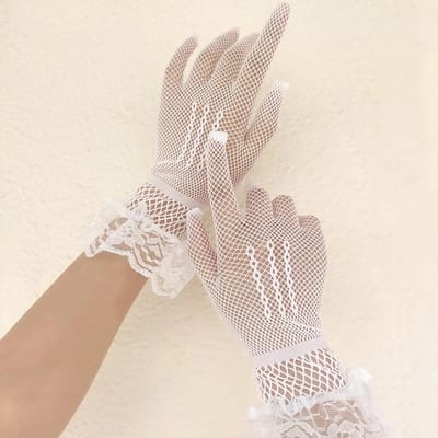 Dames Zwart Wit Zomer Uv-bestendig Rijhandschoenen Dames Dunne Visnet Mesh Handschoenen Mode Ruche Volle Vinger Kant Wanten One Size