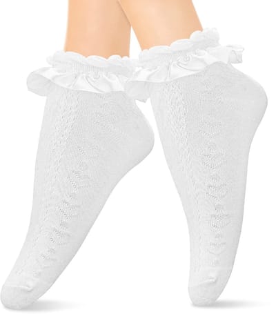 Allecto - Kanten Enkelsokken - Hartvormige Frilly Crew - Elastische Katoenen Sokken - Wit en Zwart - Geschikt voor Meisjes - 1 Paar