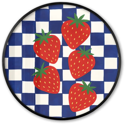 Poster in lijst Rond - Fotolijst 60x60 cm - Posters - Geblokt - Blauw - Aardbeien - Ronde posterlijst zwart - Decoratie - Wanddecoratie woonkamer - Muurdecoratie slaapkamer