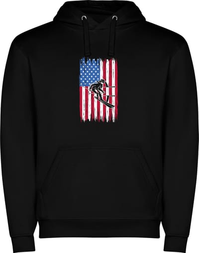 Zwarte unisex hoodie met “ Kleurrijke Amerikaanse vlag met skier – Sneeuw – Wintersport “ Print Full Color merk Roly maat M