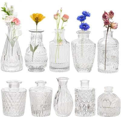 vazen voor tafeldecoratie, 10 stuks mini-vazenset, kleine glazen vaas vintage decoratieve vazenset, verschillende maten bloemenvaas, glazen knopvaas set voor housewarming, verjaardag, huis