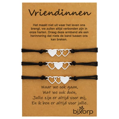 Bixorp Friends Vriendschapsarmbandjes voor 3 met Zilverkleurige Hartjes Zwart Bandje - BFF Armband Meisjes - Best Friends Armband Vriendschap Cadeau voor Drie
