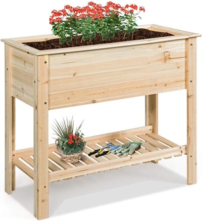 KOMFOTTEU Verhoogd bloembed zonder wieltjes, tuinbed met plank en afvoergaten, plantenbed van dennenhout voor tuin en terras, natuur (zonder wieltjes, 92 x 41 x 81 cm)