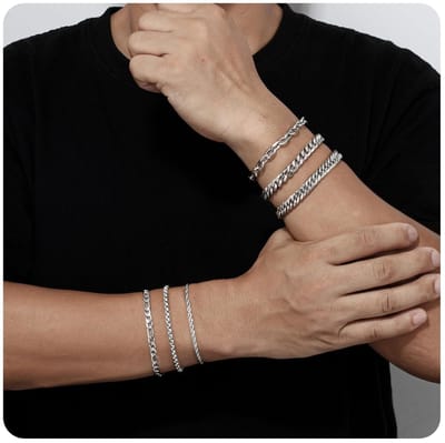 6 stuks herenarmbanden roestvrij staal armbanden zilver armbanden voor heren kubaanse schakelarmband 19 cm lengte herenarmband set voor hip hop rappers, cadeau voor vader, vriend, echtgenoot (