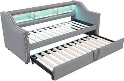 Slaapbank 90/180x190cm - met uitschuifbaar bed - opbergruimte - LED-verlichting en USB-aansluiting - lichtgrijs - zonder matras