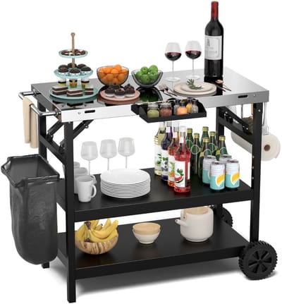 Buitenkeuken op Wielen – BBQ Trolley – Met Opbergkast & Planken – Werktafel voor Buiten –Metaal en roestvrij staal – Multifunctioneel – Zwart en zilver