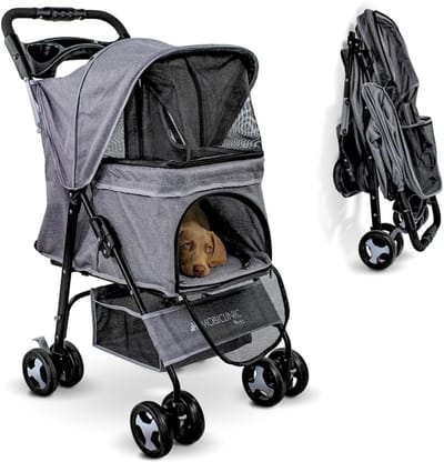 Opvouwbare Hondenbuggy tot 15 kg – Wandelwagen voor Honden – 360° Zwenkwielen met Rem – Muggennet Ramen – Bekerhouder