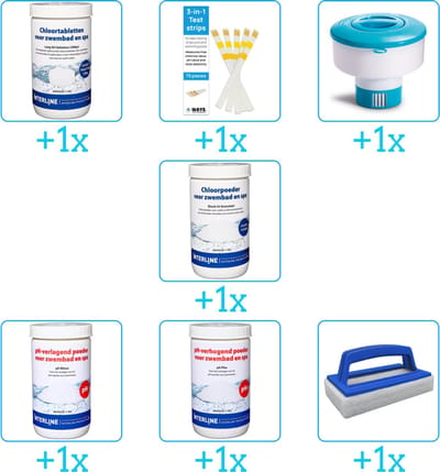 Zwembad Onderhoudspakket - Onderhoud Zwembad - bevat Chloor - Testrips - Chloordrijver - Chloor - PH-min - PH-plus en Scrubborstel (7-delig)