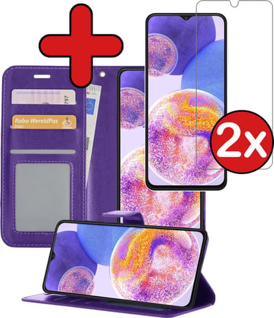 Hoesje - Met 2x Screenprotector - Geschikt voor Samsung Galaxy A23 - Luxe Pasjeshouder - Flip Case - Bookcase Portemonee - Kunstleer Book Case - Flipcase Hoes - Book Cover - Walletcase - Portemonneehoes - Telefoonhoes - Paars