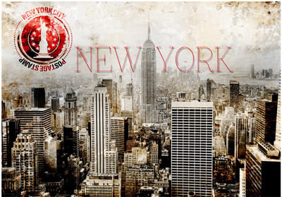 Fotobehangkoning - Behang - Vliesbehang - Fotobehang New York Ansichtkaart - Postzegel - POST AGE STAMP - 400 x 280 cm