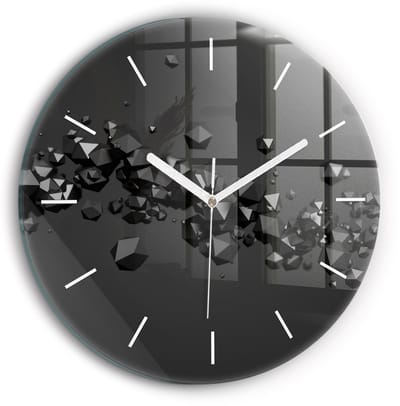 Wallfluent Wandklok - Zwarte abstractie Decoratieve Wandklok - 30 cm x 30 cm - Zwart Wandklok - Witte Handen - Wandklok Zonder Cijfers - Wandklok Glas Woonkamer - Ronde Glas Klok - Industrieel Wandklok - Stijlvolle Klok