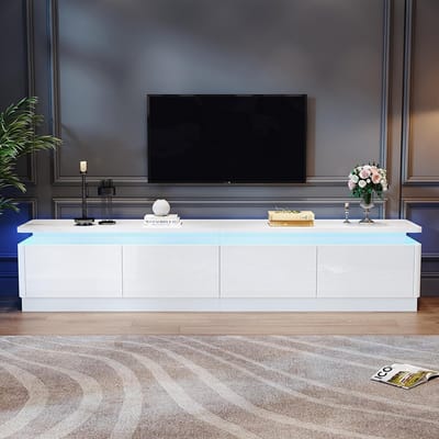 Pugsdrly TV-meubel 180*34*40 cm met 4 lades, TV-meubel en TV-kast met LED-verlichting, glanzend laag meubel en TV-tafel, TV-meubel en TV-commode geschikt voor tv's van ongeveer 80 inch, wit