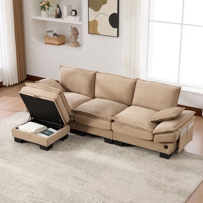 Modulaire 3-zits corduroy bank (met 1 poef) – brede zitting, ergonomisch ontwerp, vulling van schuim met hoge dichtheid, USB-C-poort en zijvakken. Ideaal voor de woonkamer, het kantoor of de lounge. Khaki