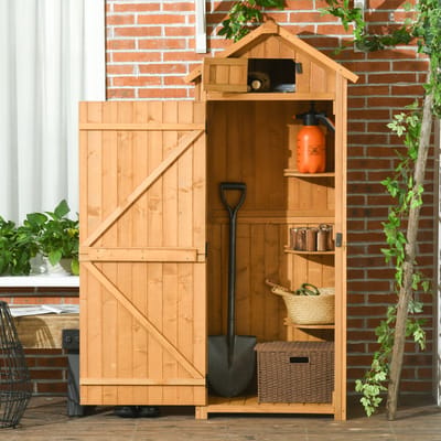 MEUNIQ tuinkast van hout 77 x 54,2 x 179 cm met 3 uitneembare schappen, raam en waterdicht dak, opbergkast voor tuingereedschap en tuinspullen, geel