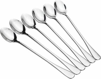 Okado Longdrinklepels 6 Stuks RVS Zilver 19 cm – Lange Dessertlepels voor Latte Macchiato, Yoghurt en IJs – Roerlepels voor Lange Glazen – Vaatwasserbestendig