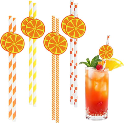 Rietjes, papieren rietjes, papier, 80 stuks, natuurlijke drinkrietjes, wegwerp, gestreept, mandarijn, afbreekbare wegwerprietjes, voor kinderen, voor koude dranken, feesten, bruiloften