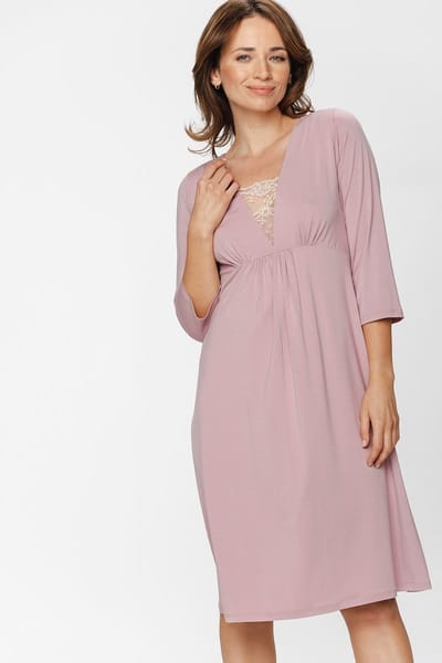 Dames nachthemd halflang-V-hals met kant-3/4 mouwen-duurzame nachtkleding-roze-maat L