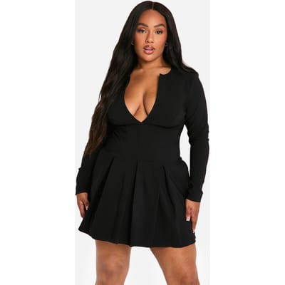 boohoo Dames Plusmaat Lange Mouwen Jurk met Korsetdetail, Diepe V-hals en Geplooide Zoom | Black | Maat: 16
