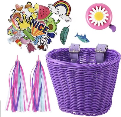 Mandje kinderfiets loopfiets - gevlochten kunststof rotan riet - accessoires set - paars - fietsbel - stickers - stuurslingers