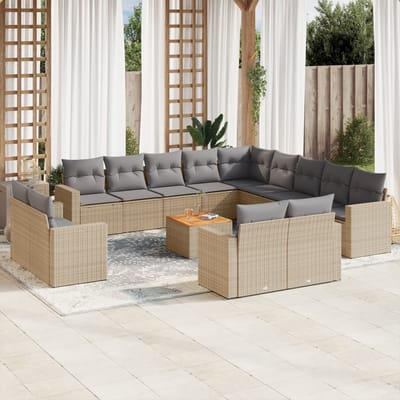 vidaXL - 14-delige - Loungeset - met - kussens - poly - rattan - gemengd - beige