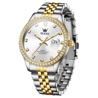 HO-3629.gz : Olevs goud/zilverkl edelstaal quartz horloge, diamantzirkonia's, loep, kalenderdag