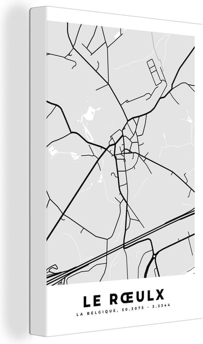 Canvas Schilderij Plattegrond – Le Rœulx – Zwart Wit – Stadskaart - Kaart - 20x30 cm - Wanddecoratie
