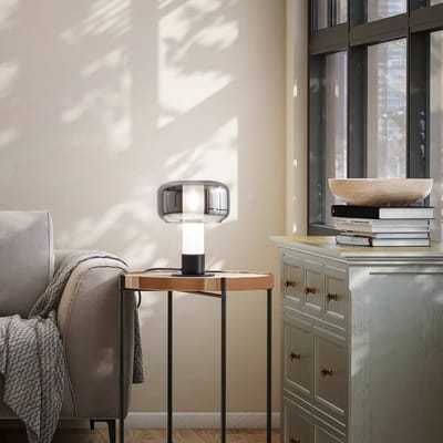 Fabas Luce Tafellamp Flick, rookgrijs, glas, 28 cm, dimbaar, E14