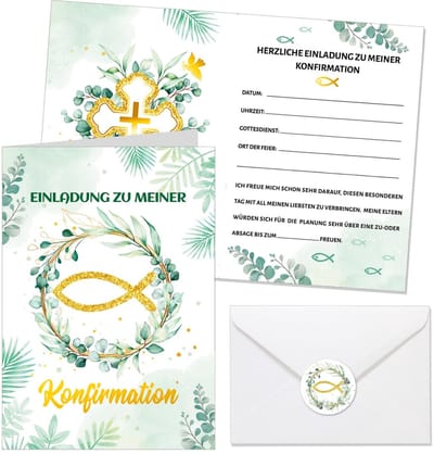Dailygoods- Uitnodigingskaarten 12 stuks - Vormsel - Eucalyptus - Enveloppen - Decoratieve ontwerpen - Geschikt voor kinderen en volwassenen - Feestkaarten