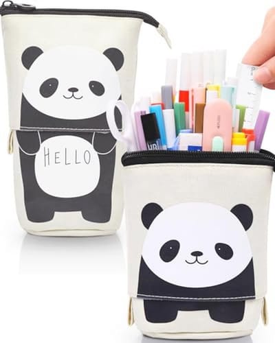 Sooez Staand etui, schattig staand potloodzakje, telescopische pennenzak, draagbare potloodhouder, Kawaii Stand Up Pencil Case, Ruime Pencil Pouch Tas voor School Kantoorbenodigdheden, Beige Panda