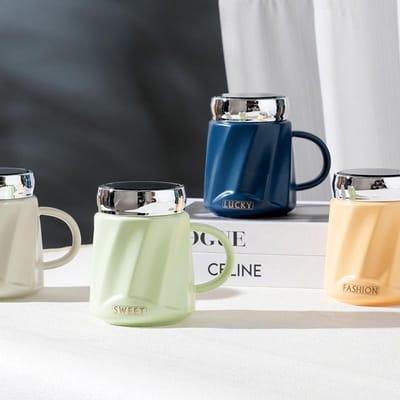 Spiegelbeker met Deksel Europese Stijl Keramische Beker Eenvoudige Set Huishoudelijke Mok Hoge Waarde Kantoor Waterbeker 460ML gray