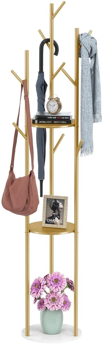 LabelOne Kapstok - Kapstok Staand - Jassenrek - 31,7x172,5 cm - 9 haken - 3 planken - metalen frame - marmeren voet - goud
