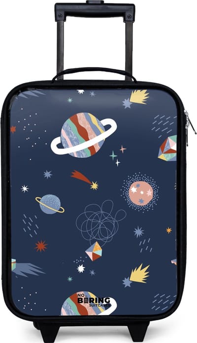 NoBoringSuitcases.com® - Kinderkoffer jongen - Kindertrolley meisje - Planeten in de hemel - Koffer kind lichtgewicht - Reiskoffer trolley voor kinderen - Koffertje met lichtgevende wieltjes - Rolkoffer zwart