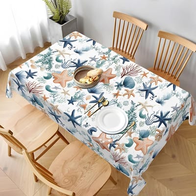 Zomerstrand Thema Tafelkleed Vakantiefeest Decoratie Oceaan Nautisch Zeester Koraal Rechthoekig Tafelkleed Keuken Eettafel Decoratie 140x140cm