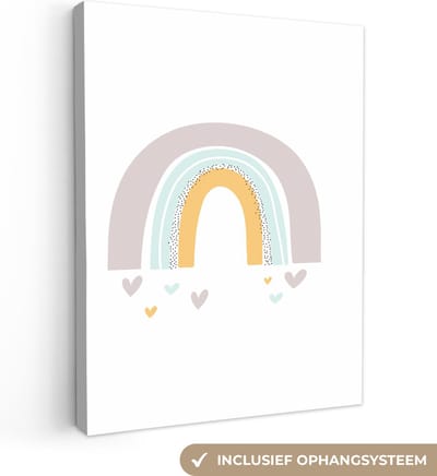 Canvas schilderij regenboog - Regenboog - Hartjes - Sterren - Kleuren - Kinderkamer - Wanddecoratie meisjes - Wanddecoratie jongens - Canvasdoek kinderen - 30x40 cm