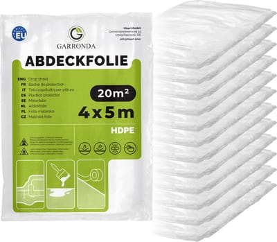 Garronda – 12-Pack - Schilderfolie 4x5m - Transparant HDPE - Afdekfolie Voor Renovatie - Stofbeschermfolie Bij Verhuizing – Bouwfolie - Afdekzeil Voor Meubel & Vloerbescherming - Scheurvaste Folie - GD-0166